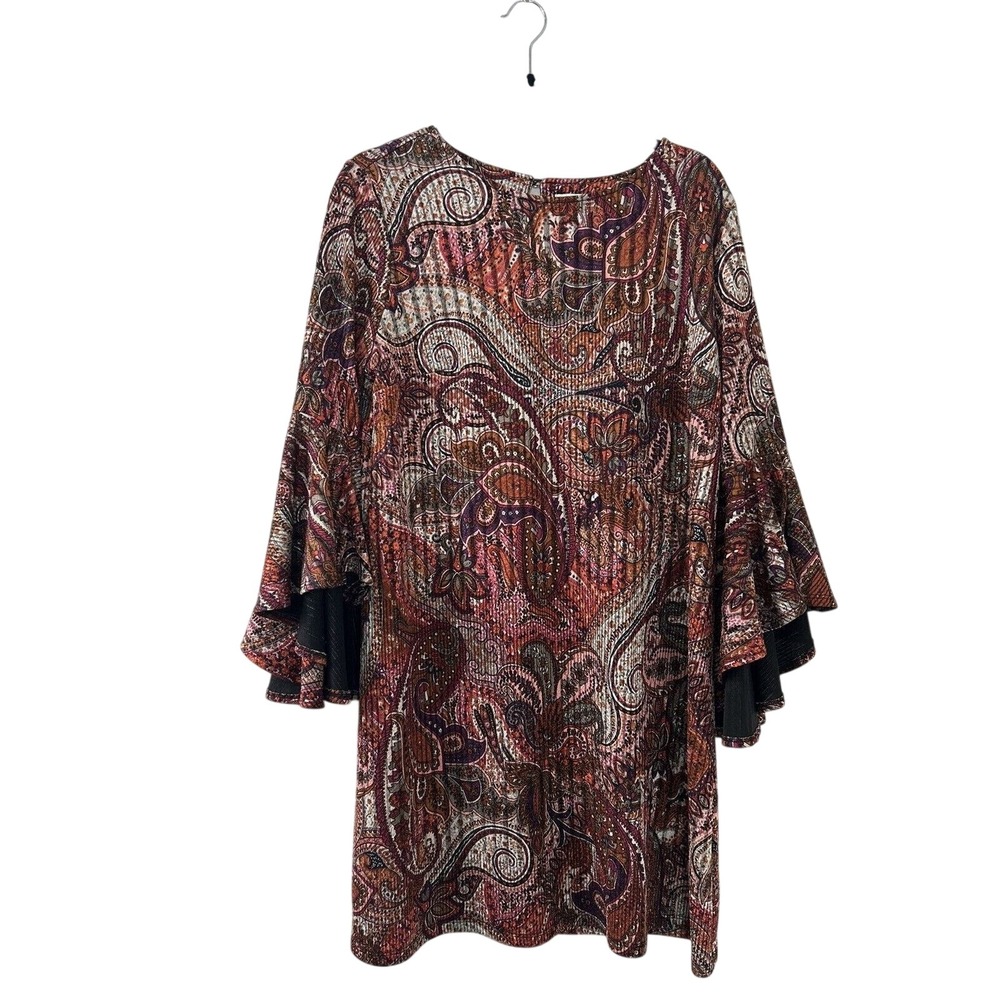 EST.‎ 1846 Womens Paisley Tiered Bell Sleeve Pleated Metallic Mini Dress Large